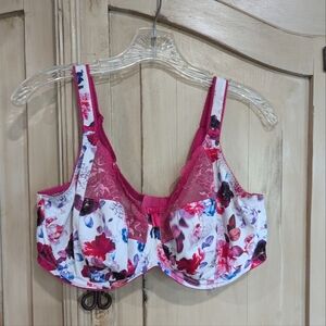 Elomi Morgan Bra Soft Cup Unlined Underwire UK 36G US 36I Pink White Floral